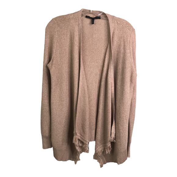White House Black Market Cardigan Womens XS Beige Knit Fringe Open Front Sweater - Picture 1 of 11